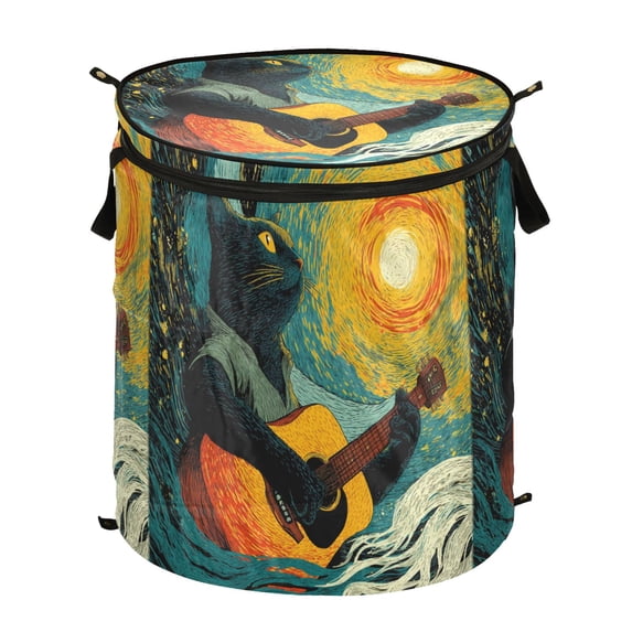 Pop-Up Collapsible Laundry Hamper With Zippered Lid Dual Handles 50L Cat Playing The Guitar