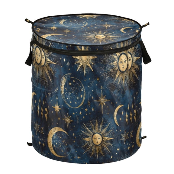 Pop-Up Collapsible Laundry Hamper With Zippered Lid Dual Handles 50L Celestial Moon & Stars
