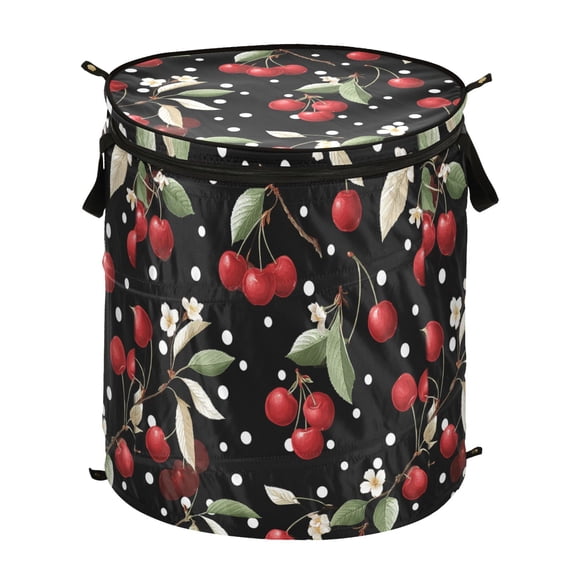 Pop-Up Collapsible Laundry Hamper With Zippered Lid Dual Handles 50L Cherry Pattern