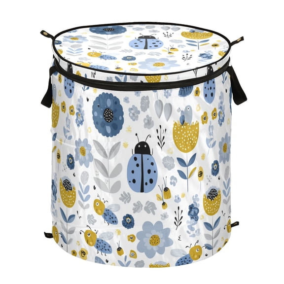 Pop-Up Collapsible Laundry Hamper With Zippered Lid Dual Handles 50L Cute Flowers Ladybugs