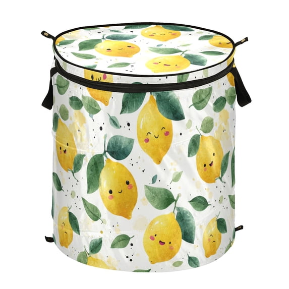 Pop-Up Collapsible Laundry Hamper With Zippered Lid Dual Handles 50L Cute Lemon