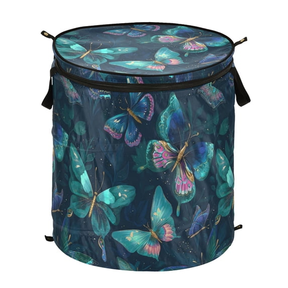 Pop-Up Collapsible Laundry Hamper With Zippered Lid Dual Handles 50L Dark Blue & Green Background