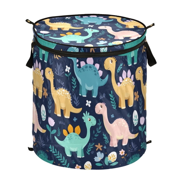Pop-Up Collapsible Laundry Hamper With Zippered Lid Dual Handles 50L Dinosaurs