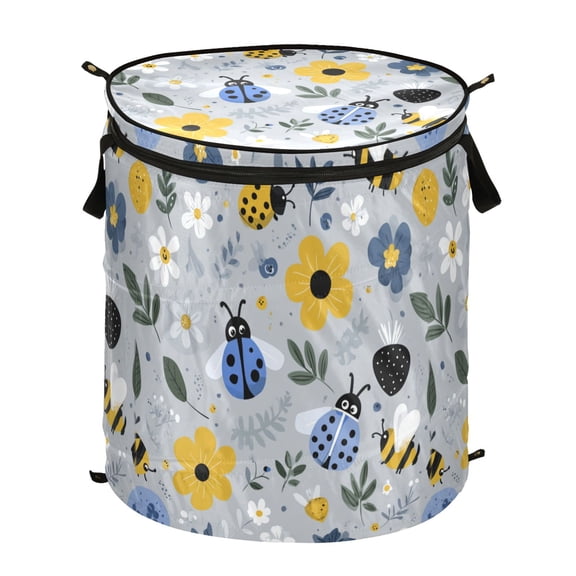Pop-Up Collapsible Laundry Hamper With Zippered Lid Dual Handles 50L Flowers Ladybugs