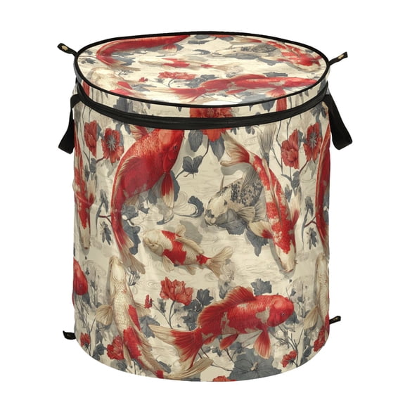Pop-Up Collapsible Laundry Hamper With Zippered Lid Dual Handles 50L Goldfish Pattern