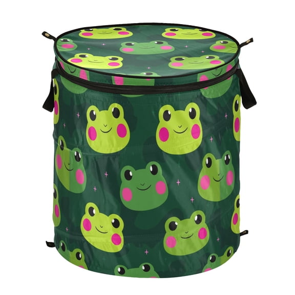 Pop-Up Collapsible Laundry Hamper With Zippered Lid Dual Handles 50L Green Frogs