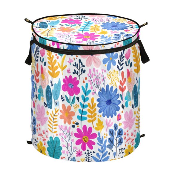 Pop-Up Collapsible Laundry Hamper With Zippered Lid Dual Handles 50L Hand Drawn Flowers and Plants