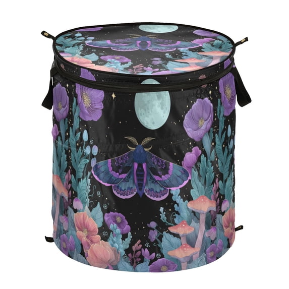 Pop-Up Collapsible Laundry Hamper With Zippered Lid Dual Handles 50L Insect & Mushroom Design