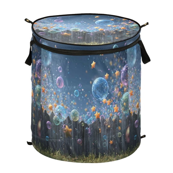 Pop-Up Collapsible Laundry Hamper With Zippered Lid Dual Handles 50L Large Bubbles and Colorful Stars Floating