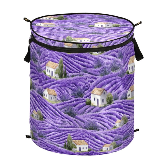 Pop-Up Collapsible Laundry Hamper With Zippered Lid Dual Handles 50L Lavender Fields