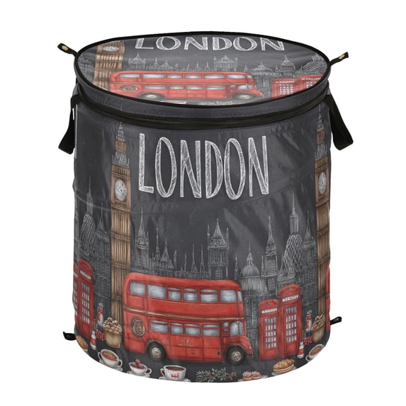 Pop-Up Collapsible Laundry Hamper With Zippered Lid Dual Handles 50L London Street View Elements