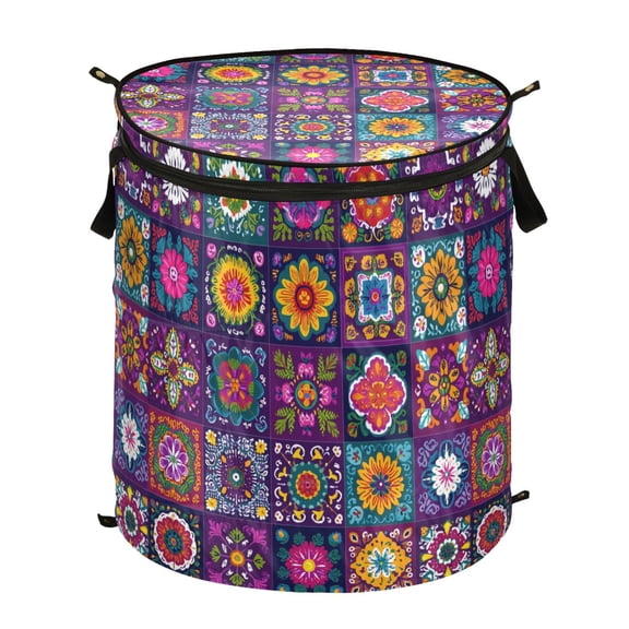 Pop-Up Collapsible Laundry Hamper With Zippered Lid Dual Handles 50L Mexican Pattern