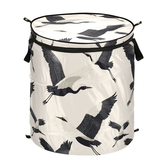 Pop-Up Collapsible Laundry Hamper With Zippered Lid Dual Handles 50L Pattern Of Herons
