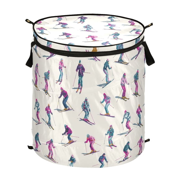 Pop-Up Collapsible Laundry Hamper With Zippered Lid Dual Handles 50L Pattern Of Skiers