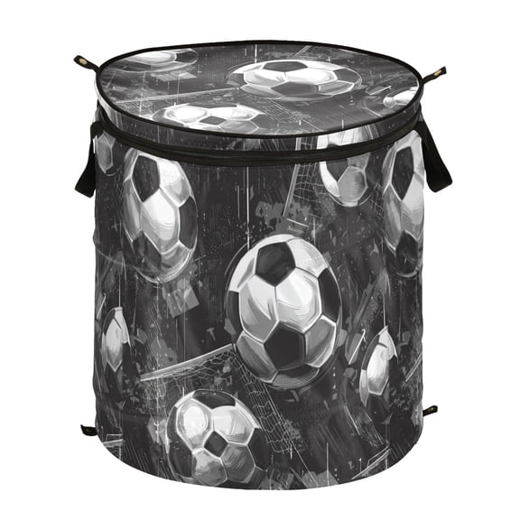 Pop-Up Collapsible Laundry Hamper With Zippered Lid Dual Handles 50L Pattern Of Soccer Balls
