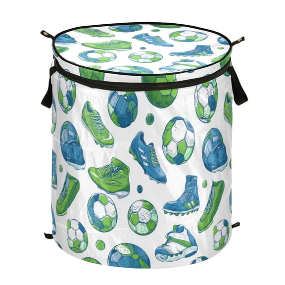 Pop-Up Collapsible Laundry Hamper With Zippered Lid Dual Handles 50L Pattern Of Soccer Elements