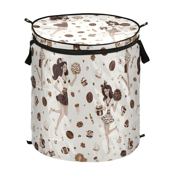 Pop-Up Collapsible Laundry Hamper With Zippered Lid Dual Handles 50L Pattern with Footballs Cheerleaders