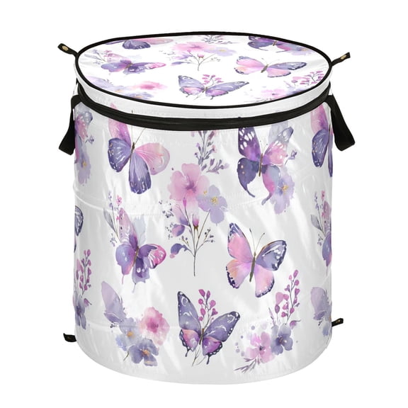 Pop-Up Collapsible Laundry Hamper With Zippered Lid Dual Handles 50L Purple