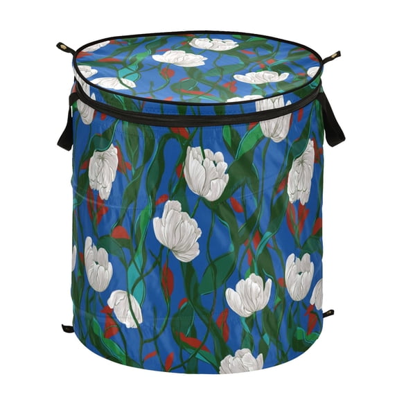 Pop-Up Collapsible Laundry Hamper With Zippered Lid Dual Handles 50L Small Tulips