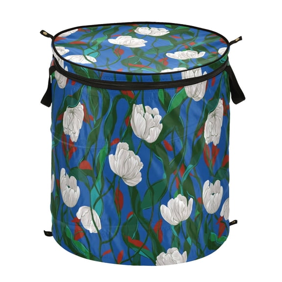 Pop-Up Collapsible Laundry Hamper With Zippered Lid Dual Handles 50L Small Tulips