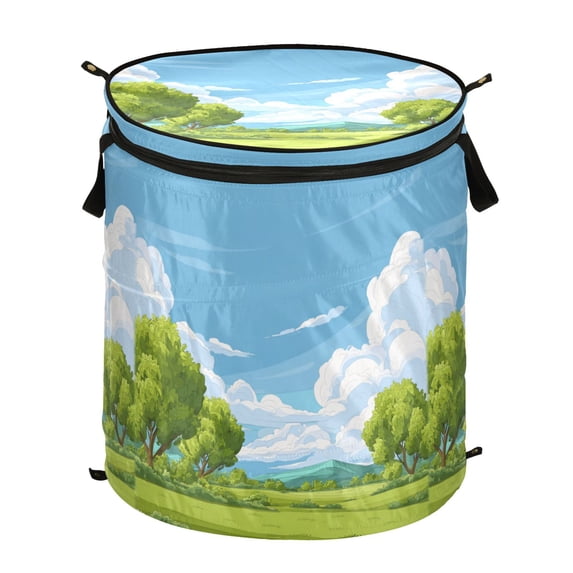 Pop-Up Collapsible Laundry Hamper With Zippered Lid Dual Handles 50L Spring Scenery