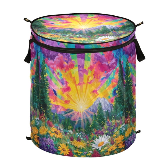 Pop-Up Collapsible Laundry Hamper With Zippered Lid Dual Handles 50L Sunrise Wildflorals