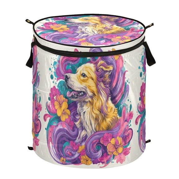 Pop-Up Collapsible Laundry Hamper With Zippered Lid Dual Handles 50L The Dog
