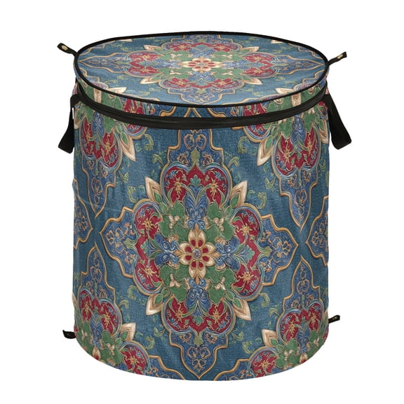 Pop-Up Collapsible Laundry Hamper With Zippered Lid Dual Handles 50L Traditional Spanish Pattern