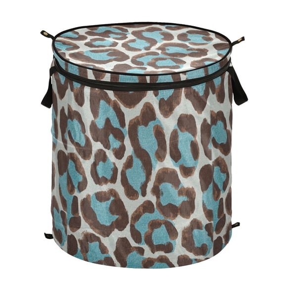 Pop-Up Collapsible Laundry Hamper With Zippered Lid Dual Handles 50L Turquoise Brown Leopard Pattern