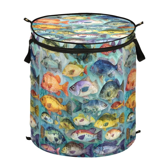 Pop-Up Collapsible Laundry Hamper With Zippered Lid Dual Handles 50L Vrious Of Colorful Fishes