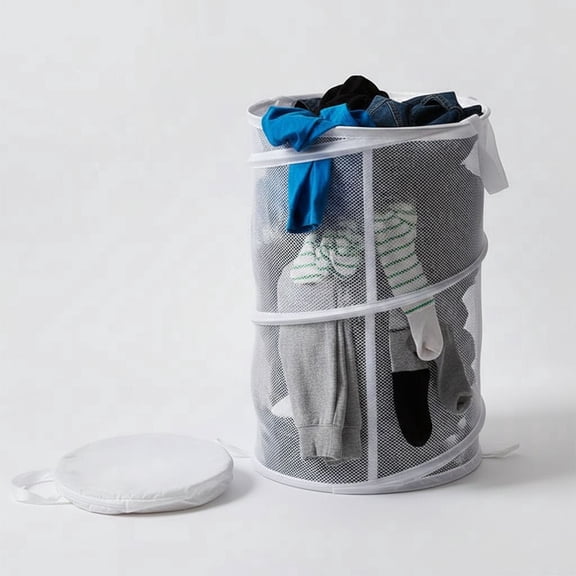 Pop-Up Collapsible Mesh Laundry Hamper, Foldable Clothes Storage Basket, 75L, White