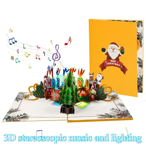 Pop Up Creative Christmas Cards with Lights and Music, Christmas Tree Design, 3D Handmade Pop Up Music Cards for Christmas