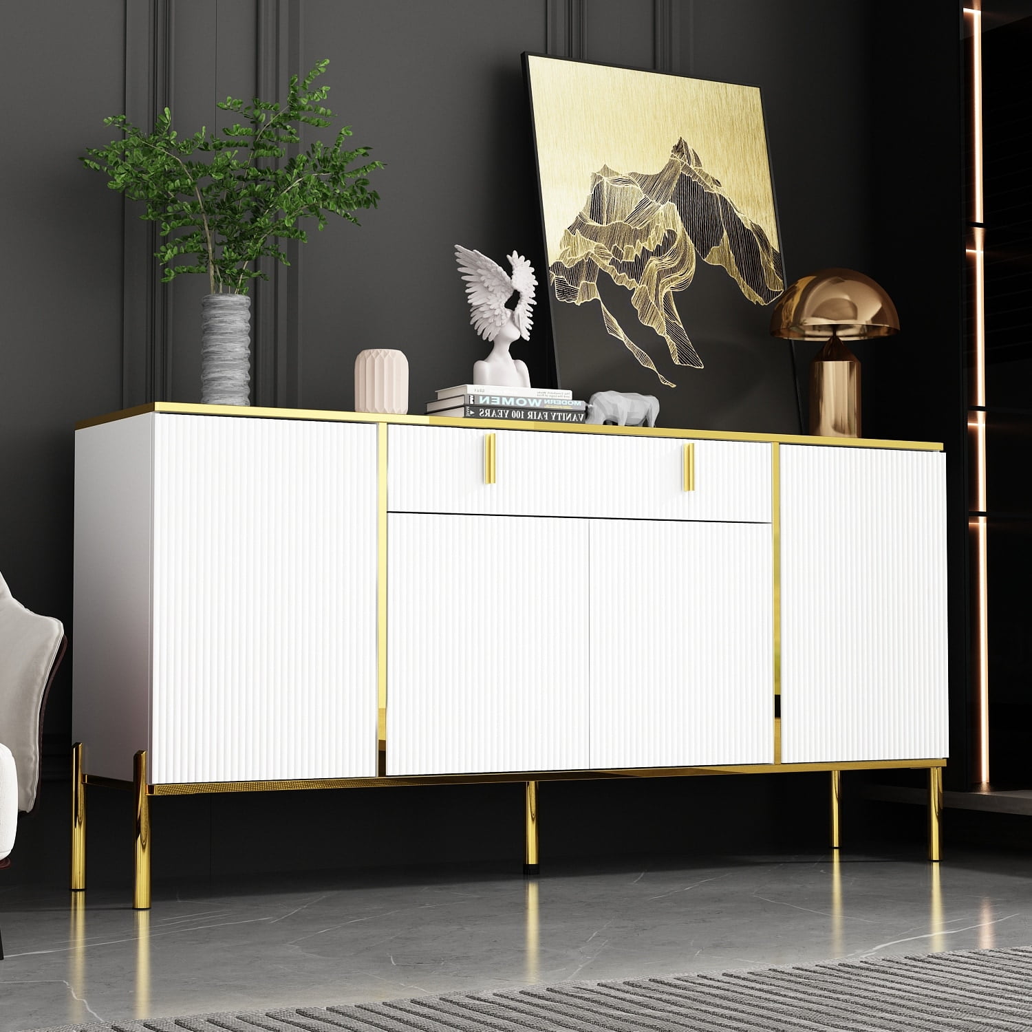 White and Gold 63" Sideboard Buffet Cabinet with Pop-Up Door