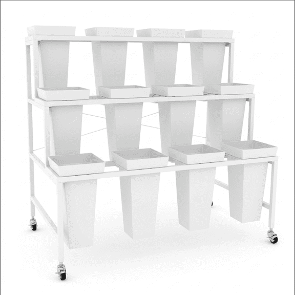 Pop Up Flower Shop Display Stand, 3 Tier Mobile Flower Cart with 12 Square Buckets, White Metal Portable Rack
