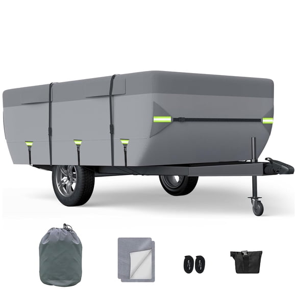 10-12 FT Pop Up Folding Camper Cover, Upgraded 8 Layers Top Waterproof Camper Cover, RV Cover for Winter Snow with Extra Windproof Ropes, Adhesive Repair Patche
