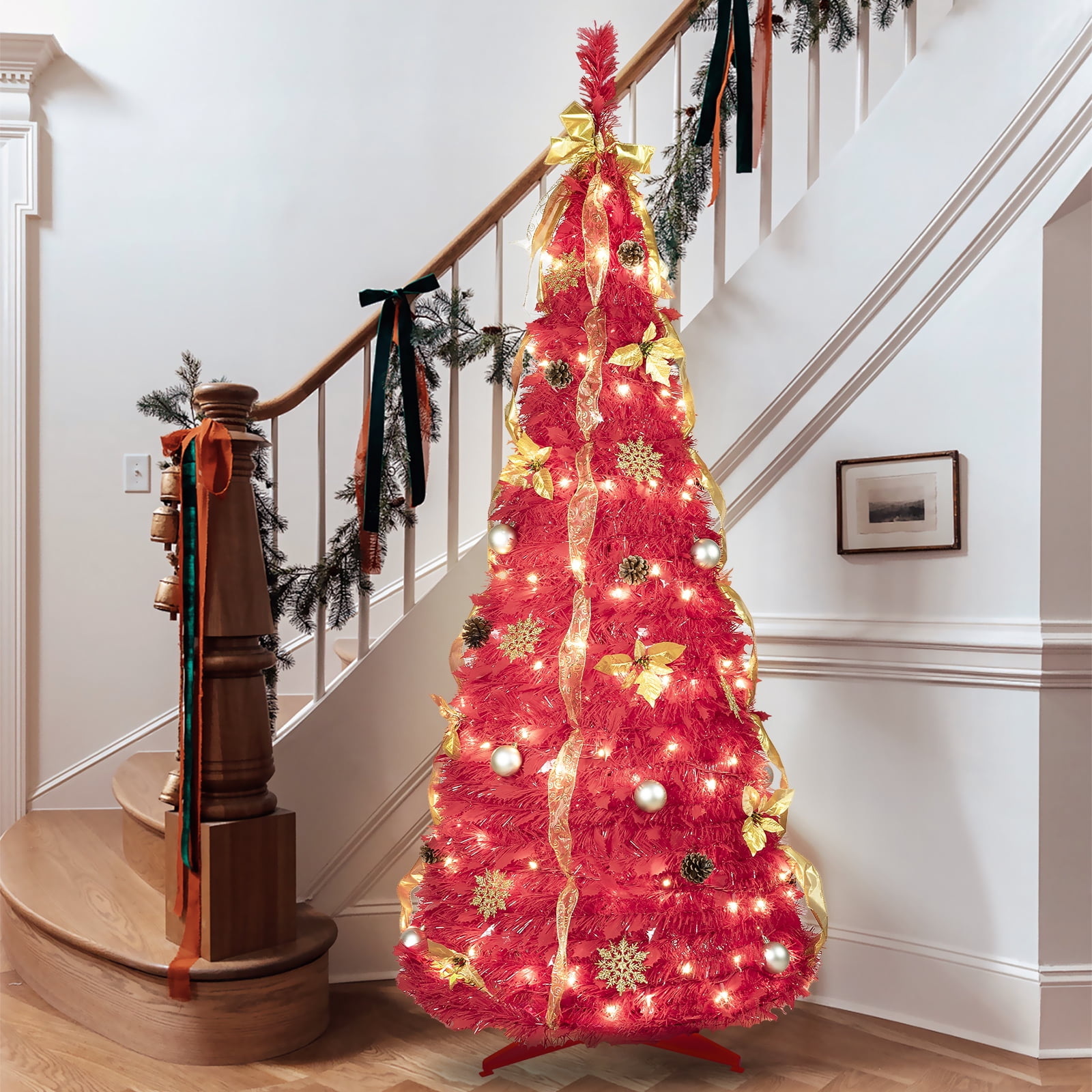 Pop-Up Fully Decorated Christmas Tree 53 Accessories 150 LED Lights Red Theme Indoor Holiday Decor