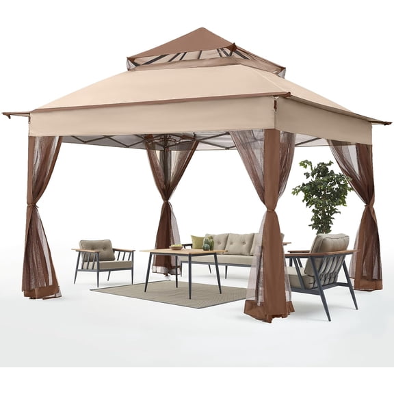 Pop Up Gazebo 11x11 with Mosquito Netting, Beige - Easy Setup for Patio, Lawn & Pool