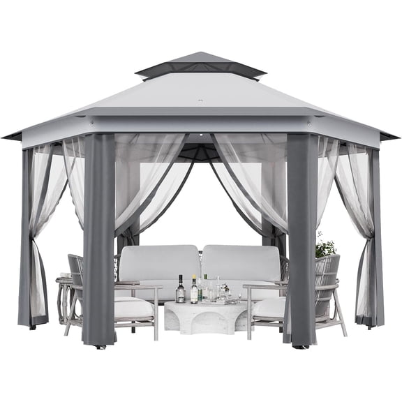 Pop-Up Gazebo 13 * 13 Ft 6 Sided, Canopy Tent with Mesh Windows & Portable Carry Bag, Adjustable Tent Outdoor Pergola for Backyard & Patio Furniture