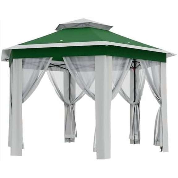 Pop-Up Gazebo, Outdoor Canopy Tent with Mosquito Netting, Double Vented Roof Sun Shelter with Adjustable Heights, Heavy Duty Hexagonal Pavilion for Patio Garden Backyard, Green+Beige$$Garden & Patio