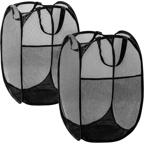 Pop Up Hamper, 2 PCS Mesh Pop Up Laundry Hamper, Foldable Mesh Laundry Basket with Space-Saving Design for Home, Dorm, Travel & Storage - Black