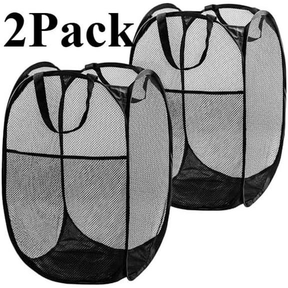 Pop Up Hamper, 2 PCS Mesh Pop Up Laundry Hamper, Foldable Mesh Laundry Basket with Space-Saving Design for Home, Dorm, Travel & Storage - Black