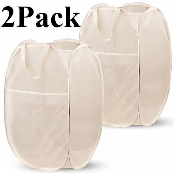 Pop Up Hamper, 2 PCS Mesh Pop Up Laundry Hamper, Foldable Mesh Laundry Basket with Space Saving Design for Home, Dorm, Travel and Storage,Beige