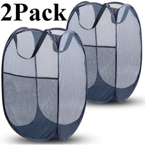 Pop Up Hamper, 2 PCS Mesh Pop Up Laundry Hamper, Foldable Mesh Laundry Basket with Space Saving Design for Home, Dorm, Travel and Storage, Blue