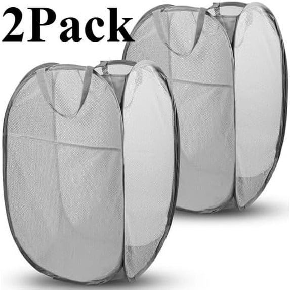 Pop Up Hamper, 2 PCS Mesh Pop Up Laundry Hamper, Foldable Mesh Laundry Basket with Space Saving Design for Home, Dorm, Travel and Storage, Gray
