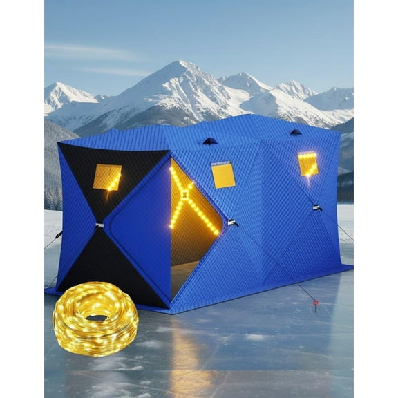 Pop Up Ice Fishing Shelter Insulated Tent 49ft LED Light Strip Blue+Black