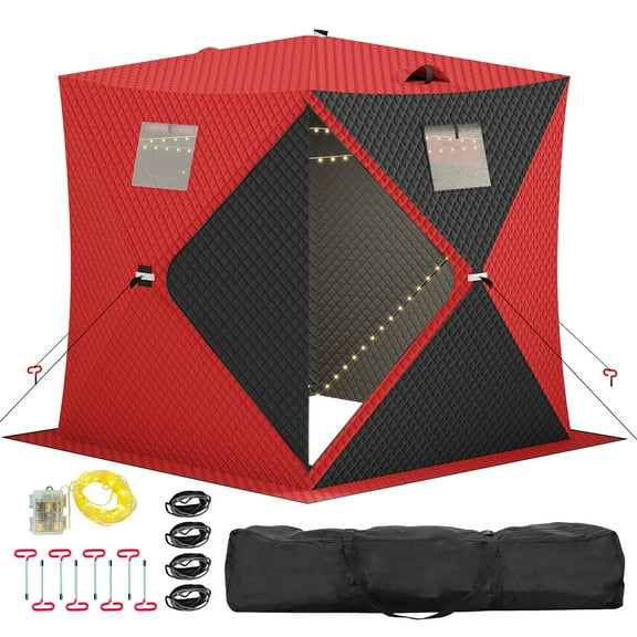 Pop Up Ice Fishing Shelter Tent with LED Light Strip Windproof Portable Hub Design 2set 15m red