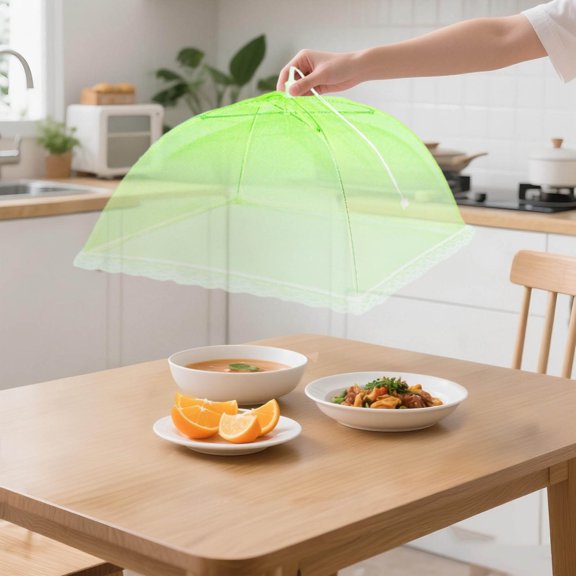 Pop-Up Mesh Food Cover – 16.9" x 16.9" Reusable Foldable Screen Tent for Food Protection, Outdoor Picnic, BBQ & Cake Display, Fine Mesh Net with Lace Trim, Portable Insect Proof Cover for Kitchen