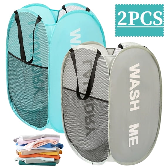 Pop Up Mesh Laundry Hamper 2 Pack, Collapsible Laundry Basket with Steel Frame, Foldable Clothes Hamper with Side Pocket for Storage,(Blue+Gray)