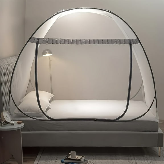 Pop-Up Mosquito Net Canopy – 360° Protection, Easy-Install & Portable. U-Shaped Zipper, Ruffled Edge Design for Indoor/Outdoor Use. Gray Cozy Bedroom Accessory.