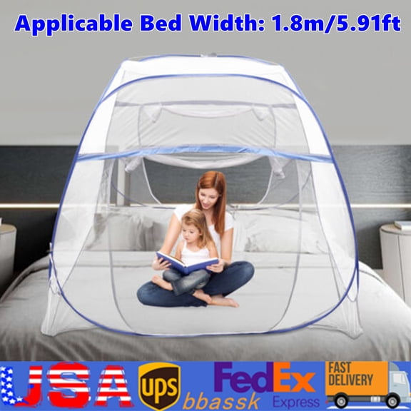 Pop-Up Mosquito Net Tent Folding Mosquito Net Zipper Single Door Netting Tent Bed Canopy Queen Size Mosquito Net Fully Enclosed with Zipper Steel Frame for Safety Anti Fall Insect Protection